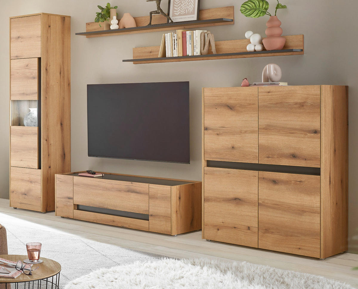 WOHNWAND Evoke Eiche, grau, Wohnkombination Set 5-teilig 350 cm - Eichefarben/Grau, Glas/Holz (350/197/45cm) - Furn.Design