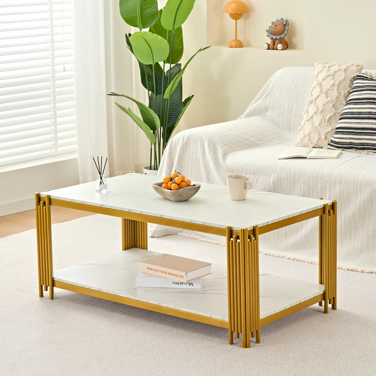 COUCHTISCH in Weiß-Gold Wohnzimmertisch mit Metallbeinen für Wohnzimmer, B140/T64/H46cm - Goldfarben/Weiß, Holzwerkstoff/Metall (64/114/46cm) - STILVORA