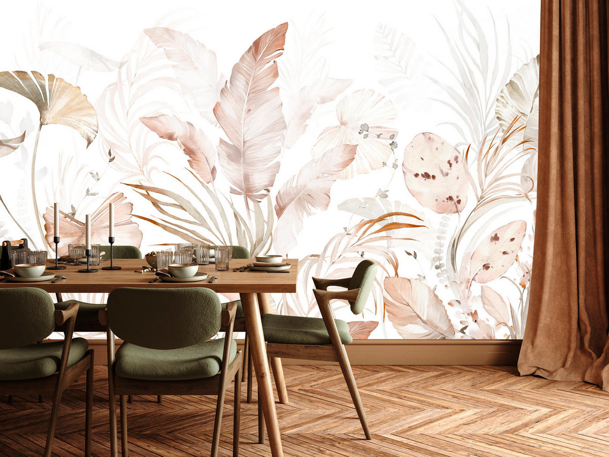 FOTOTAPETE für Esszimmer Beige Palmenblätter Tropisch Boho 250x175 - Beige/Orange, Papier (250/175cm) - Muralo