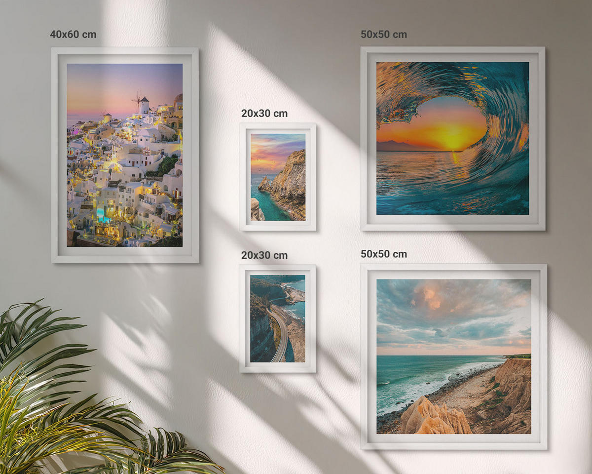 WANDBILDER 5er-Set - 50x50 cm & 20x30 cm & 40x60 cm Weißer Rahmen - Meereswellen, weiße Häuser, Santorini - Weiß, Kunststoff (40/60cm) - ArtPrintCave
