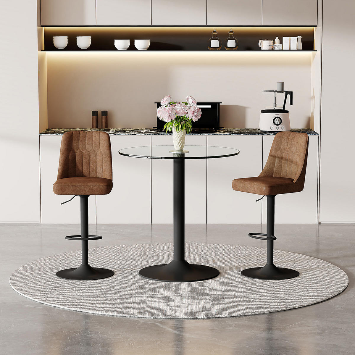 TISCHGRUPPE 3-tlg Glastisch 89cm mit 2 drehbaren Barhockern - Braun, Glas/Metall (56/50/61cm) - Raelunyi