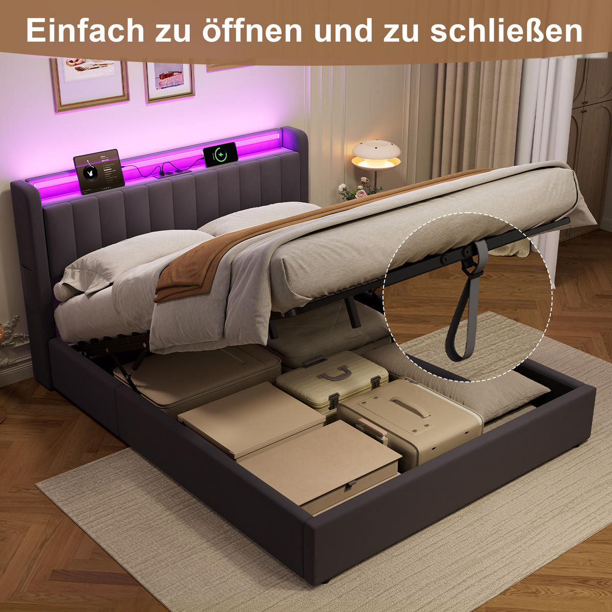 POLSTERBETT 160/200 cm in Grau, mit Bettkasten, Matratze, Stauraum, USB und LED Beleuchtung - Grau, Holzwerkstoff/Textil (160/200cm) - WISHDOR