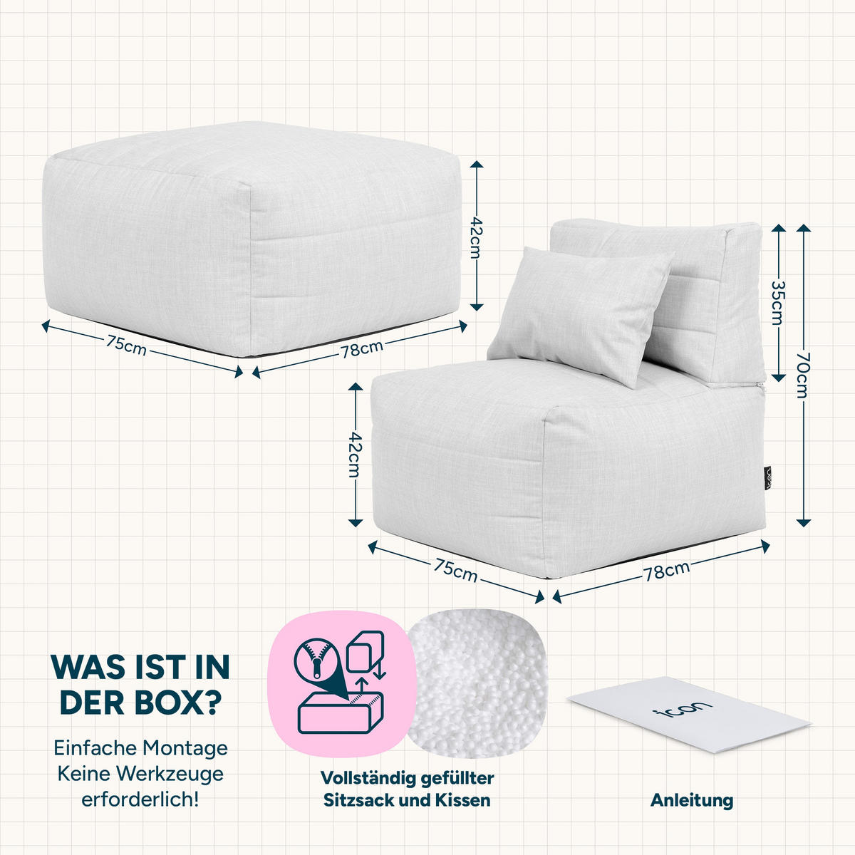 SITZSACK-SOFA 2-tlg. modular outdoor Noa - Beige, Textil (143/70/78cm) - icon