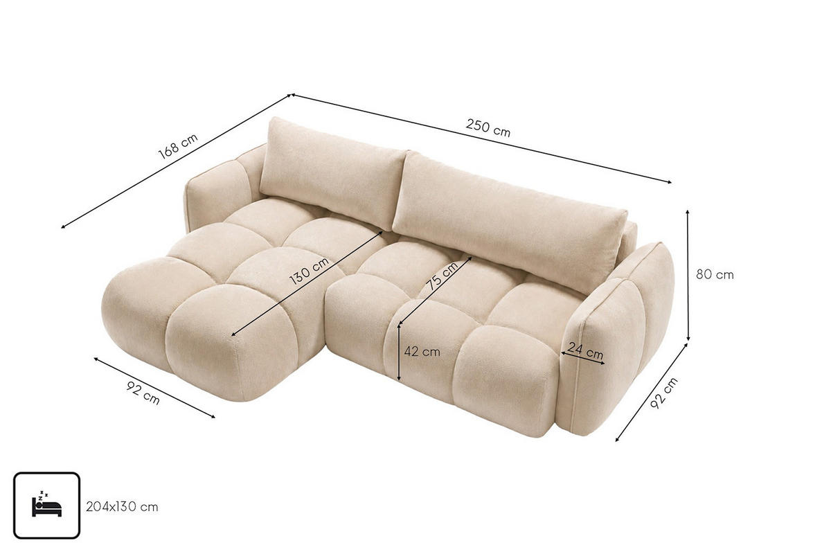 ECKSOFA L-Form Mit Schlaffunktion, Veloursstoff Bluvel, Creme, Links, BELVEDER L - Creme, Holz (250/168cm) - Kaiser Möbel
