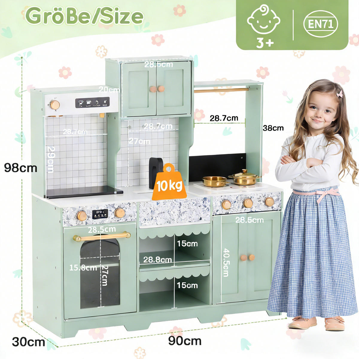 KINDERKÜCHE Grün – Spielküche mit Zubehör & Soundeffekten, kreatives Design, Holz/Kunststoff, ab 3 Jahren 30x90x98cm - Grün, Holzwerkstoff (90/30/98cm) - Ej. Life