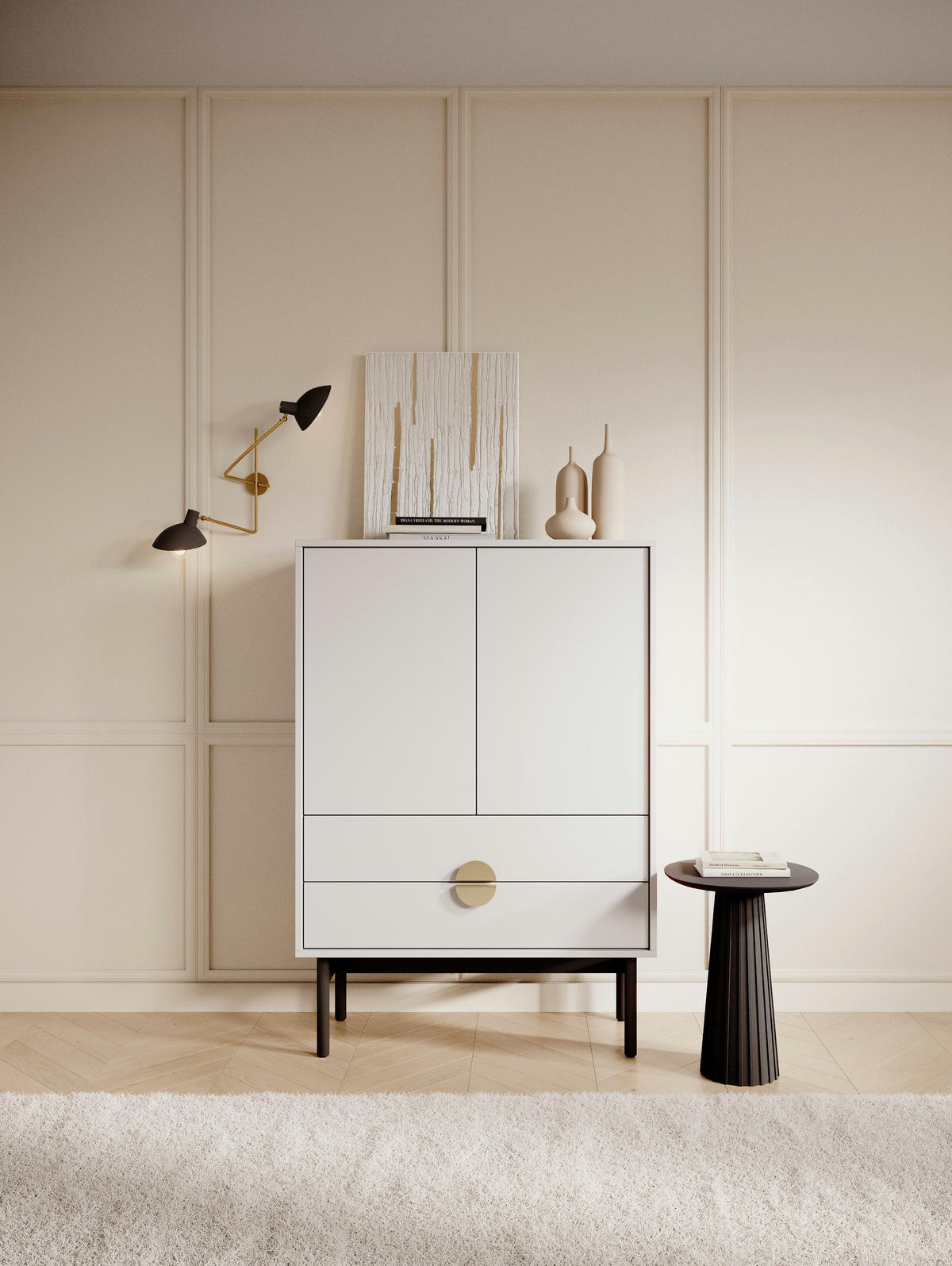 HIGHBOARD Stoon Weiß / Schwarz mit 2 Schubladen 85 cm - Goldfarben/Schwarz, Holzwerkstoff/Metall (85.5/123.7/38cm) - Selsey