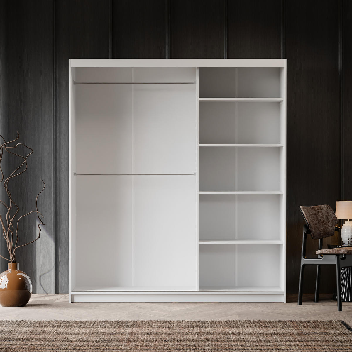 SILENTE 180 cm Schiebetürenschrank mit Einlegeböden und Kleiderstange - Weiß, Holzwerkstoff (180/205/60cm) - Idohome