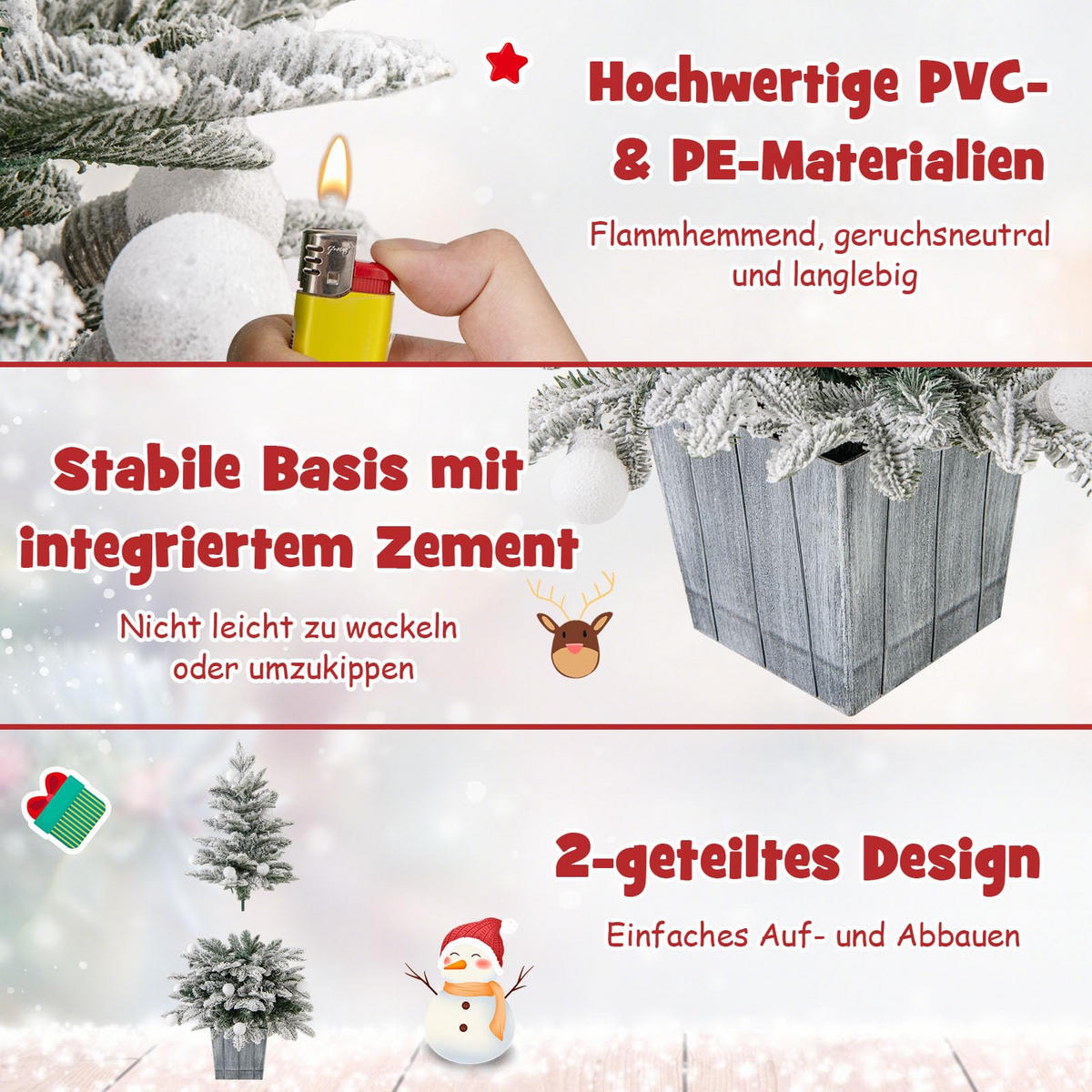 WEIHNACHTSBAUM beflockte Tannenform mit bunten LEDs 100 cm grün - Grün, Metall (100cm) - COSTWAY