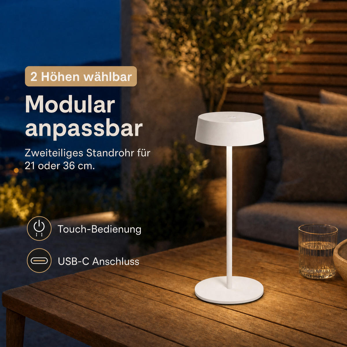 LED-TISCHLEUCHTE - dimmbar, kabellos, IP54, Metallgehäuse, für Innen- und Außenbereich, weiß, höhenverstellbar - Weiß, Metall (13.5/13.5/36cm) - Northpoint