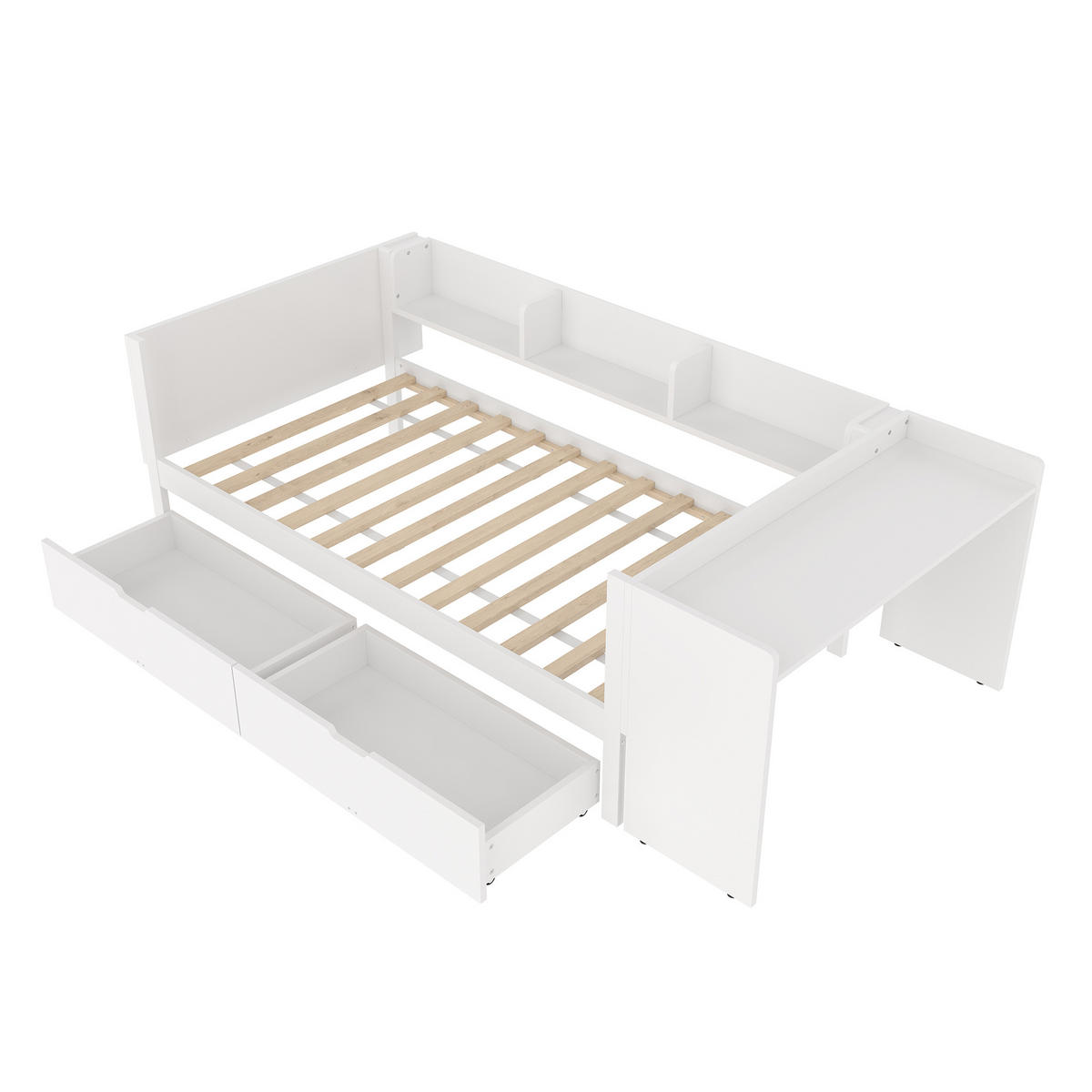 FLACHBETT 90x200cm Weiß Holz Schreibtisch 2 Schubladen Regale - Weiß, Holz (90/200cm) - FLIEKS