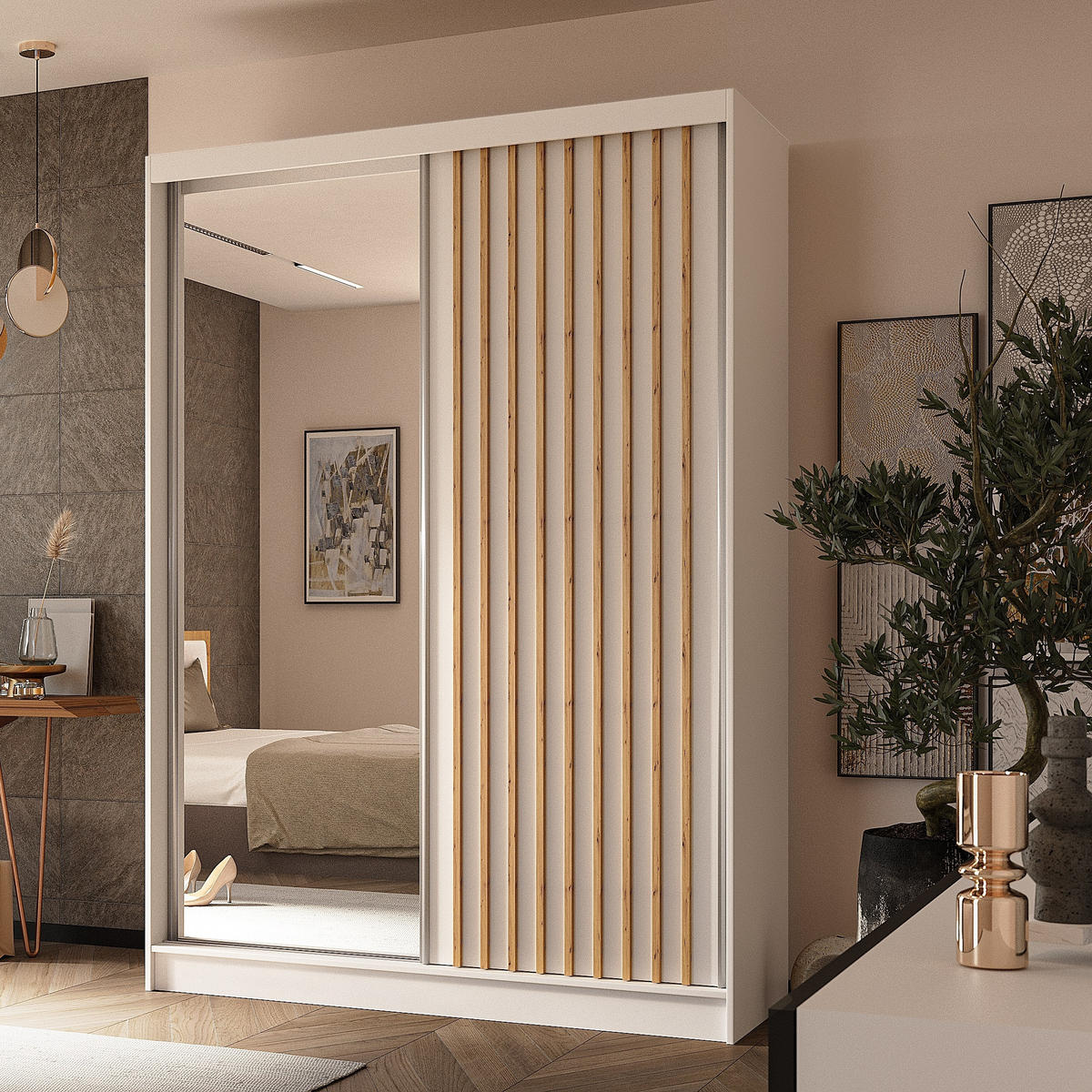 SCHWEBETÜRENSCHRANK LAMELLO 150/216/61 cm 2-türig mit Spiegel Weiß - Weiß, Holzwerkstoff (150/216/61cm) - MASSENO