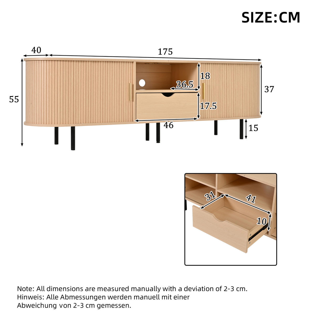 TV-SCHRANK mit abgerundeten Kanten und Rollo-Tür aus MDF 175 × 40 × 55 cm - Naturfarben, Holzwerkstoff (175/55/40cm) - Luhomfu