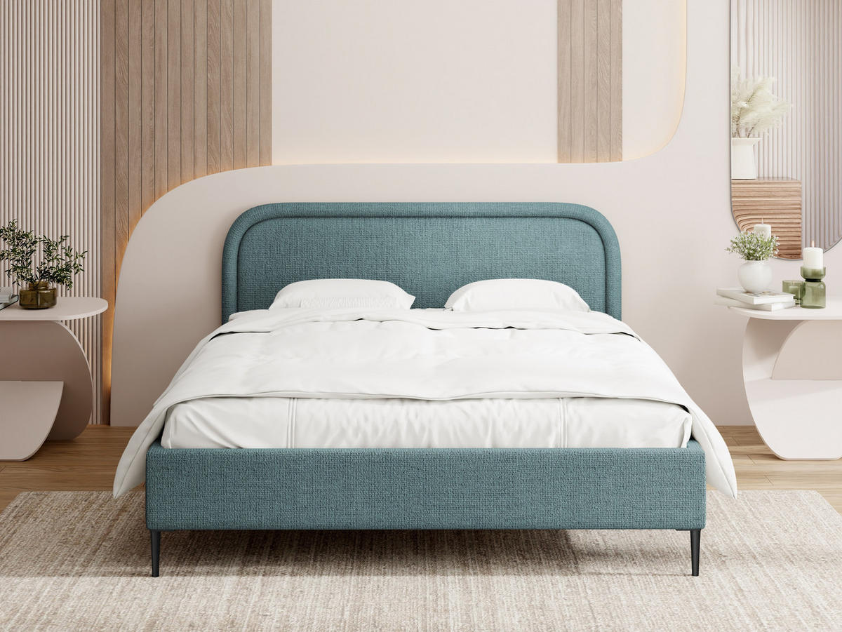 POLSTERBETT Jasmine Slim mit Bettkasten, Lattenrost & hohen Metallfüßen in Türkis Chenille 140x200 cm - Türkis/Birkefarben, Holz/Textil (140/200cm) - WFL GROUP
