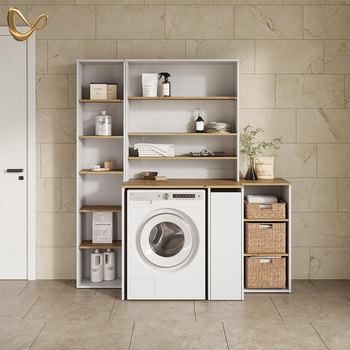 BADSCHRANK Paolina Weiß/Artisan 93.6 x 100.4 cm mit offenen Regalen - Weiß/Eiche Artisan, Holzwerkstoff (93.6/100.4/29cm) - Livinity®