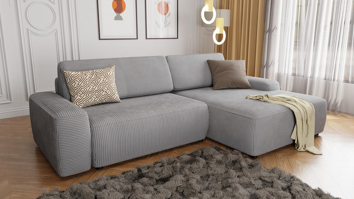 ECKSOFA Nancy Hellgrau Cord - Hellgrau/Schwarz, Holz/Kunststoff (264/162cm) - S-Style Möbel