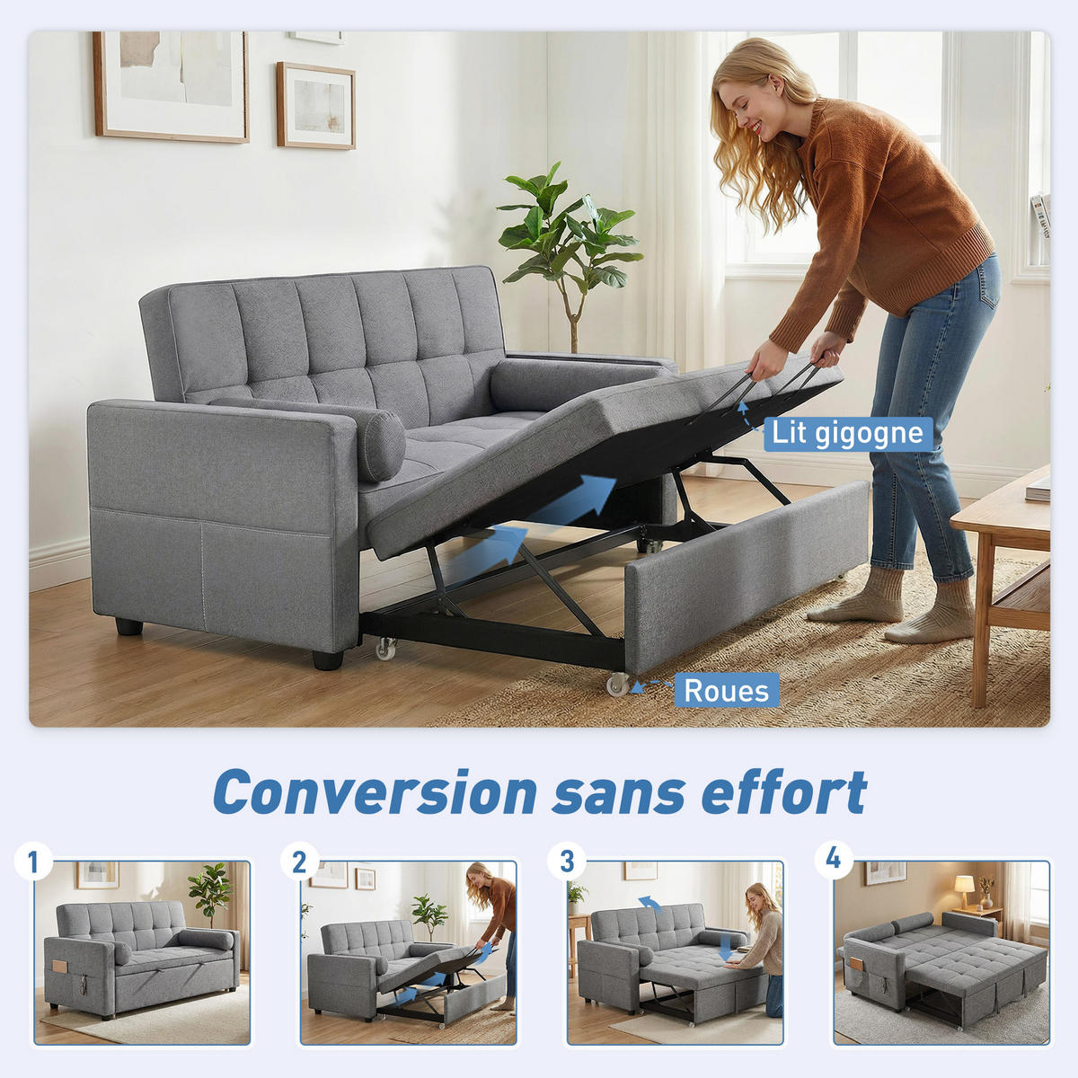 SCHLAFSOFA 2er-Sitz DE-14607 mit Doppelbett und verstellbarer Rückenlehne Grau - Grau, Metall (137.5/84/80.5cm) - ComfortXL