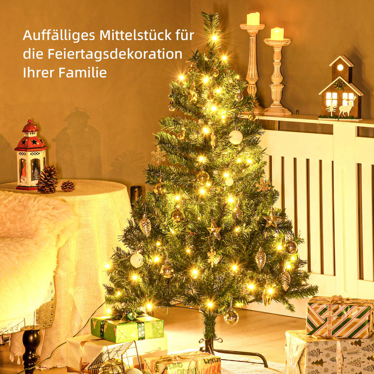 WEIHNACHTSBAUM Tannenbaum mit Deko 80/120 LEDs 307 Spitzen Ø75 x 120H cm - Grün, Kunststoff/Metall (120cm) - HOMCOM