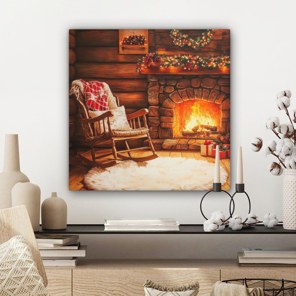 LEINWANDBILD Winter - Weihnachten - Zuhause - Kamin 50x50 cm - Bernsteinfarben, Textil (50/50cm) - MuchoWow