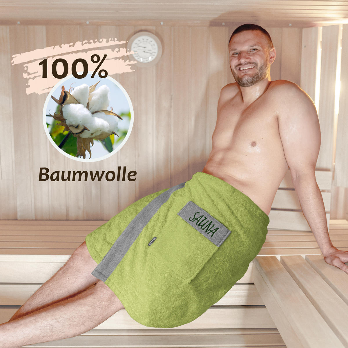 SAUNAKILT Herren Salbeigrün, Lima Saunahandtuch mit Klettverschluss - Salbeigrün, Textil (140/55cm) - Lashuma