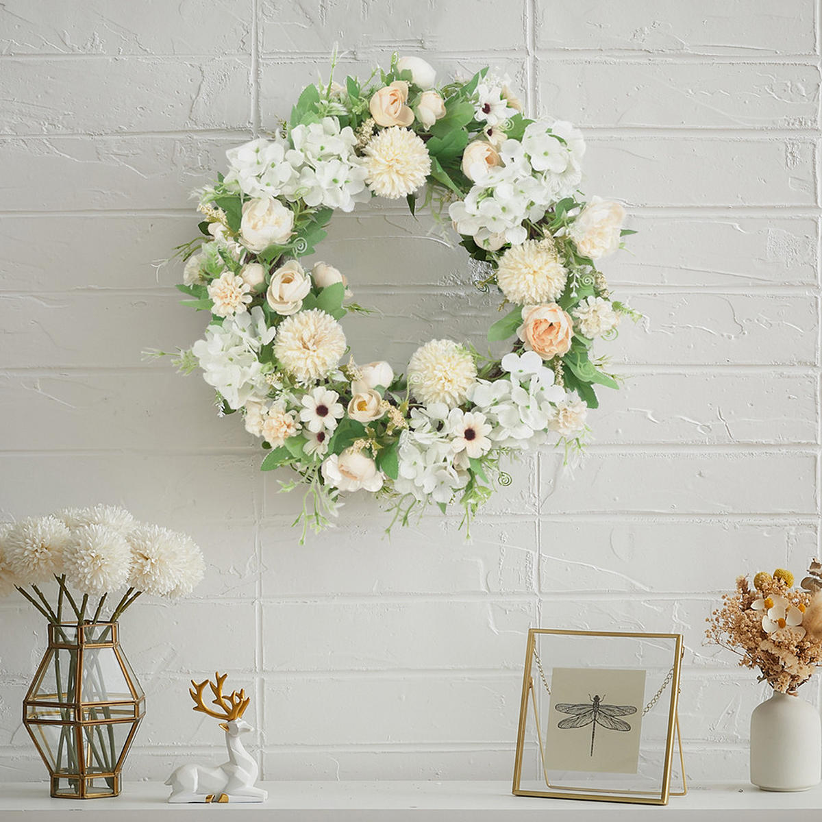 KUNSTBLUME Pfingstrosen und Mischblumen Künstlicher Frühlingskranz für Hochzeit und Dekoration - Weiß, Kunststoff (20cm) - Livingandhome