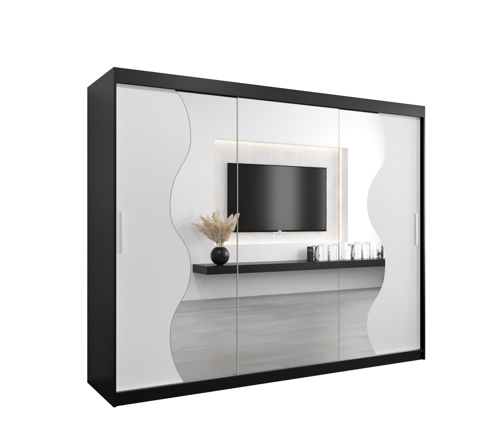 Möbel Kryspol Schwebetürenschrank Schwarz, Weiß 250x200x62 cm