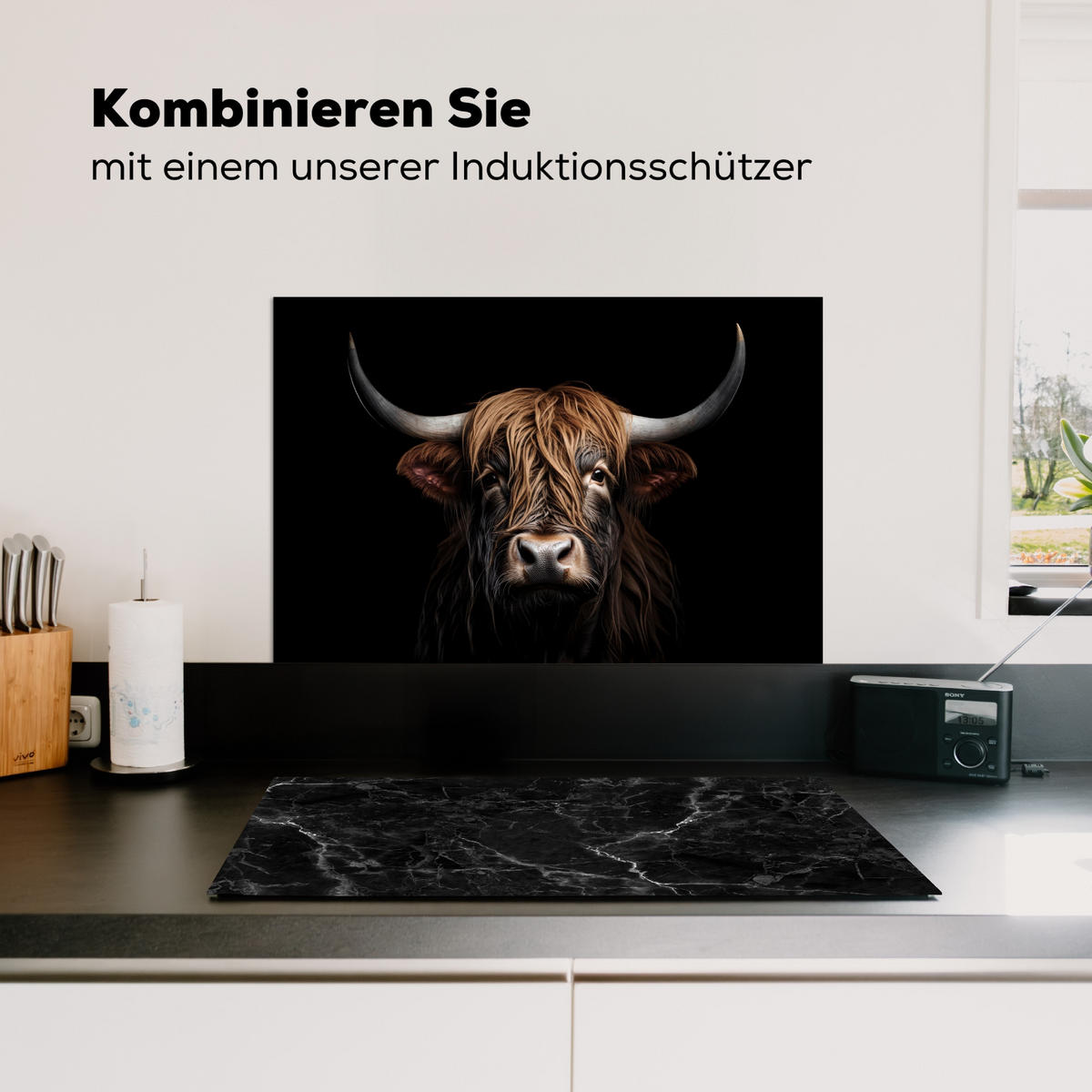 SPRITZSCHUTZ KÜCHE Schottischer Highlander - Porträt - Schwarz - Tier 60x40 cm - Braun, Metall (60/0.3/40cm) - MuchoWow
