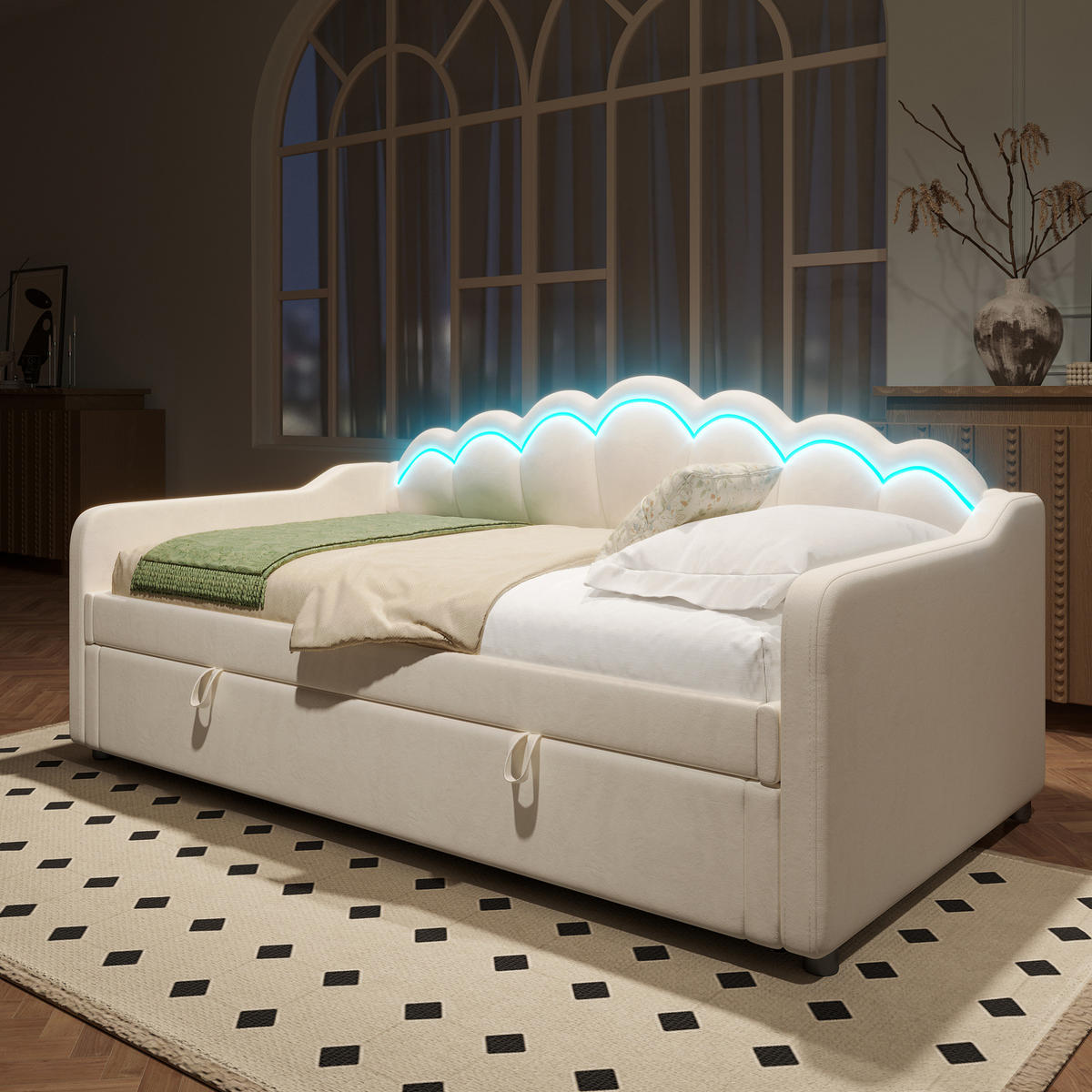 TAGESBETT 90/200 cm aus Samt mit hydraulischem Stauraum und LED-Beleuchtung, Beige - Beige, Textil (90/200cm) - Redom