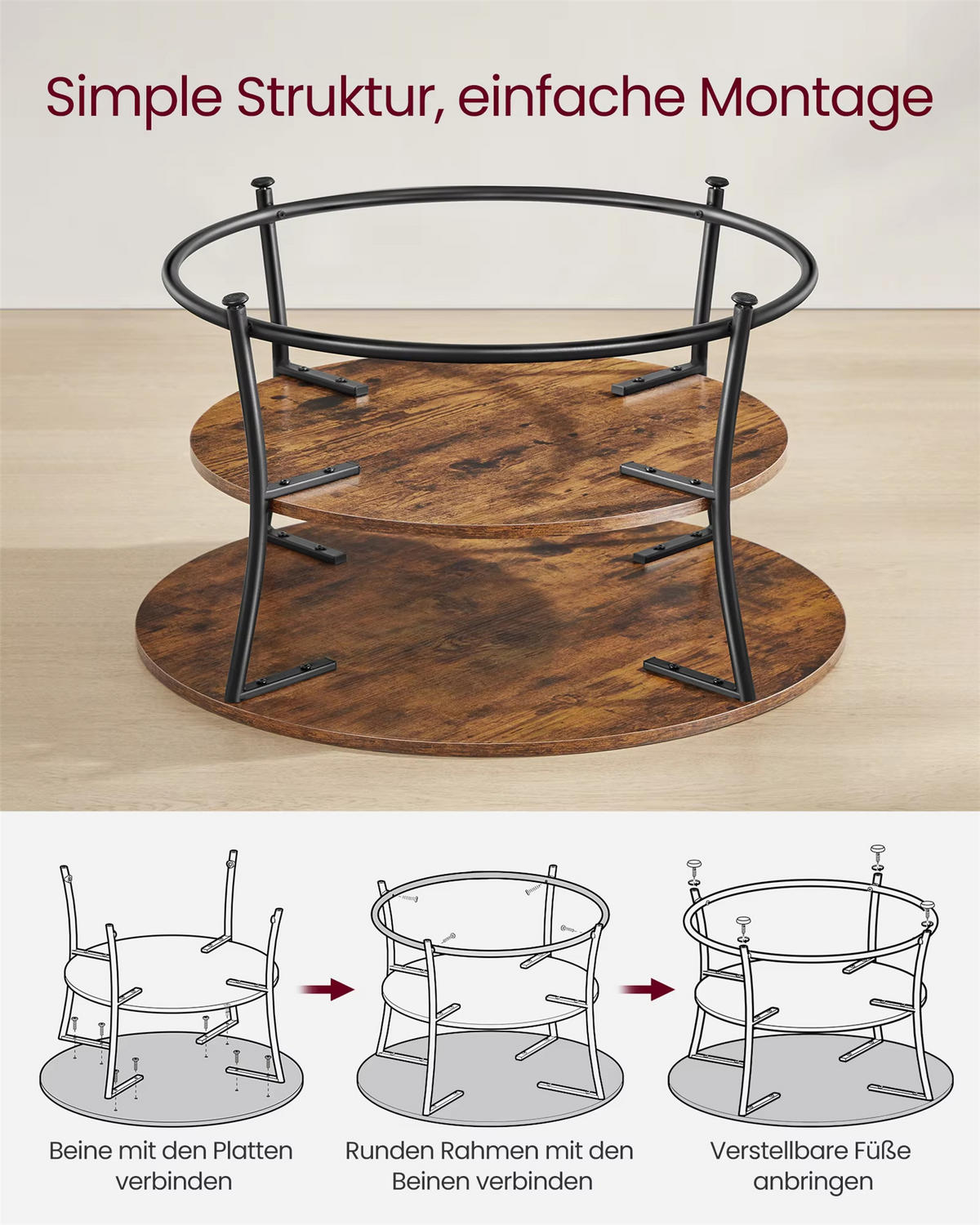 COUCHTISCH rund 80 cm Sofatisch Ablage - Braun, Holz (80/80/46.5cm) - Kaket