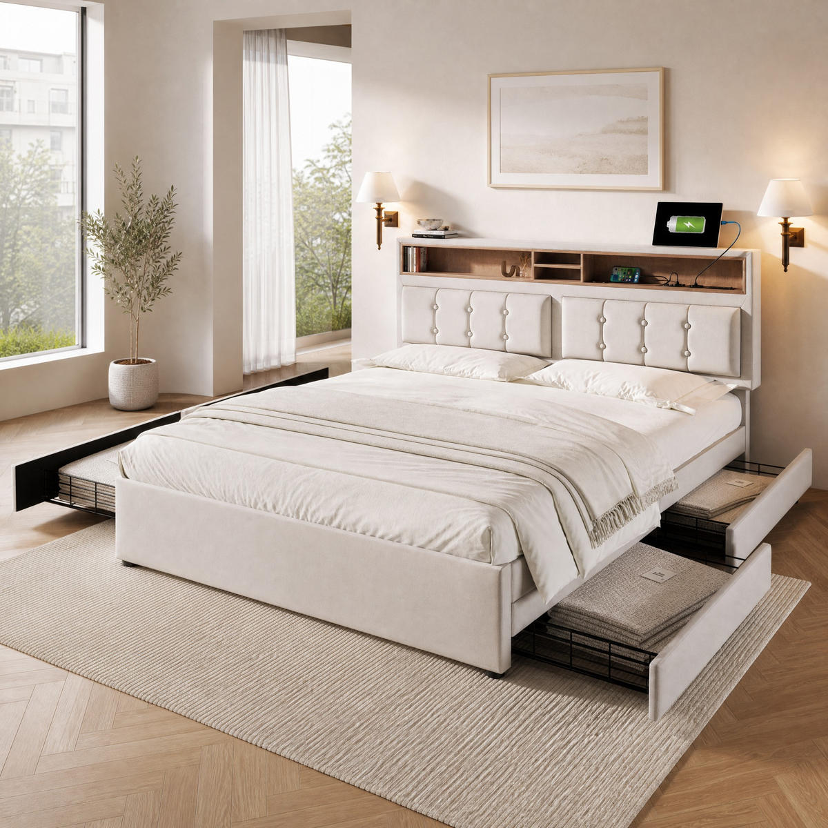 POLSTERBETT 160/200 cm in Beige mit 4 Schubladen, USB, Type-C und Steckdosen Leinen - Beige, Holzwerkstoff/Textil (160/200cm) - STILVORA