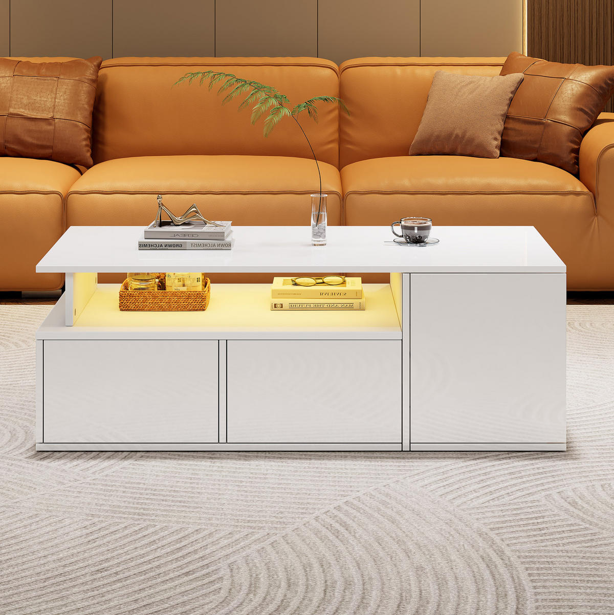 COUCHTISCH mit LED 100 x 50 x 35 cm Hochglanz Weiß - Weiß, Holzwerkstoff (100/50/35cm) - Meubliv
