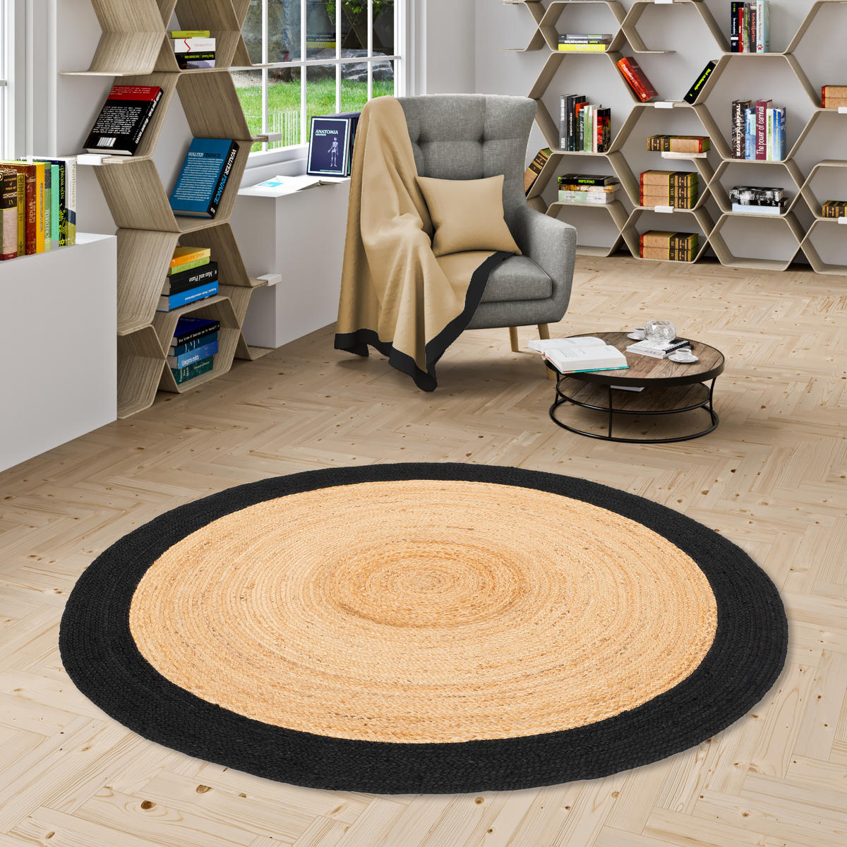 NATURFASER TEPPICH JUTE SALSA BORDÜRE RUND - Beige/Schwarz, Textil (160/160cm) - Pergamon
