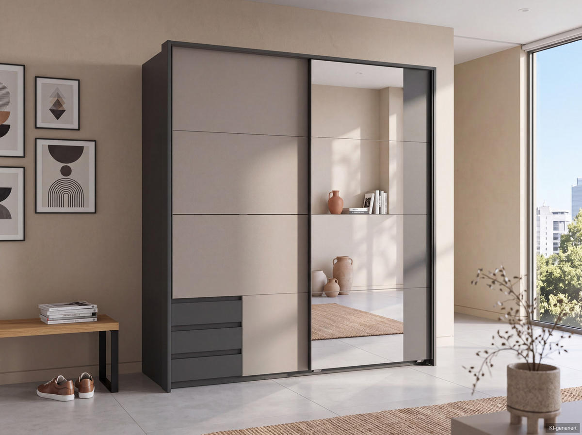 SCHWEBETÜRENSCHRANK 2-türig B183/H200/T65 cm, Passepartout-Kleiderschrank mit Spiegel & sichtbaren Schubkästen in Grafit, 1x Tür in Sandgrau / 22715 - Sandfarben/Schwarz, Holz/Holzwerkstoff (183/200/65cm) - luma-home