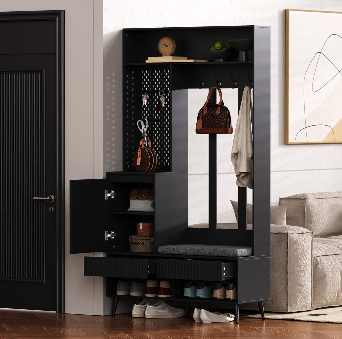GARDEROBE 100/180/35 cm Schwarz aus MDF mit Sitzbank - Schwarz, Holzwerkstoff (35/180/100cm) - OKMYHOME