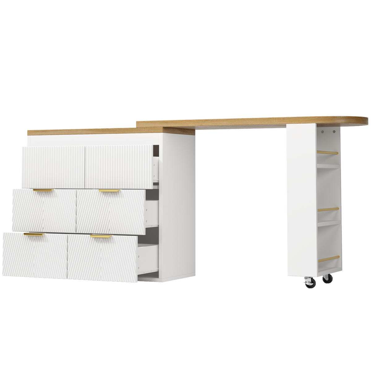 BARTISCH 128-203/39/90 cm in Weiß mit 6 Schubladen und drehbaren Modulen - Weiß, Holzwerkstoff (39/203/90cm) - BEAOK