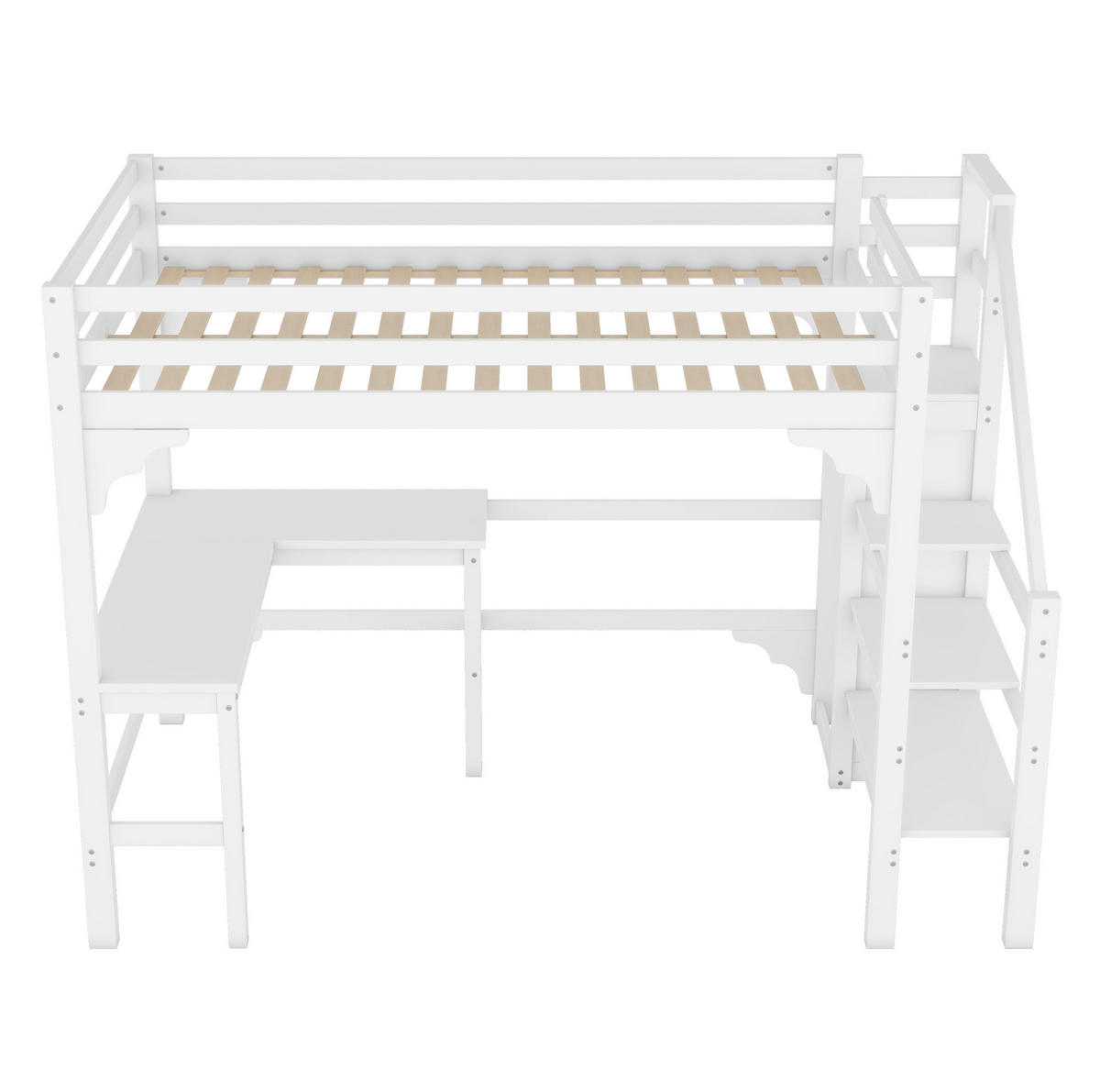 HOCHBETT aus Kiefernholz und MDF 140x200 cm Weiß mit L-Schreibtisch, offenem Kleiderschrank und Stauraumtreppe - Weiß, Holzwerkstoff (140/200cm) - IVMEU