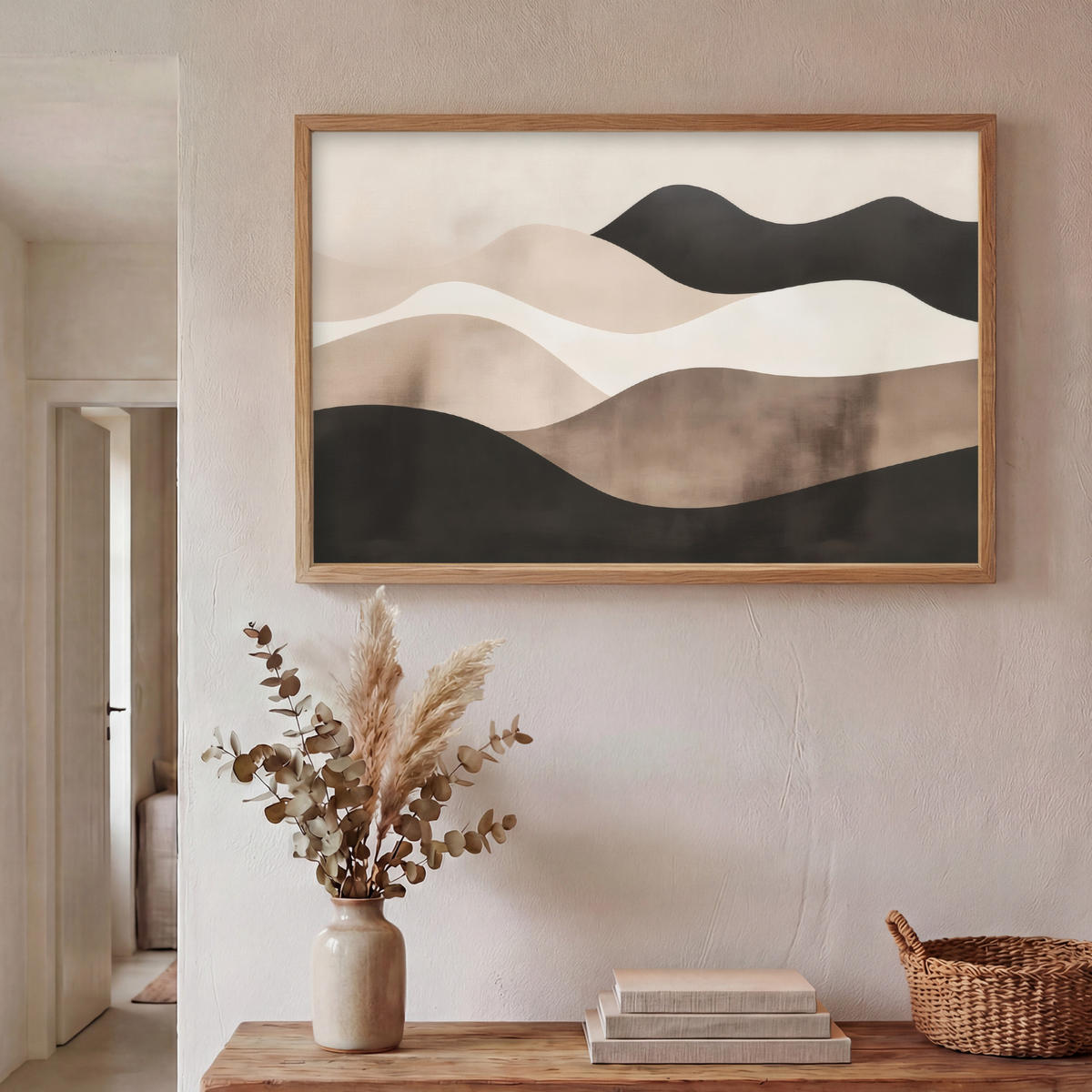 NÁSTĚNNÁ LAMPA S AKUMULÁTOREM Abstraktní - Krajina - Vlny - Krémová barva 90x60 cm - šedohnědá, kompozitní dřevo (90/60/8cm) - OnlyWow