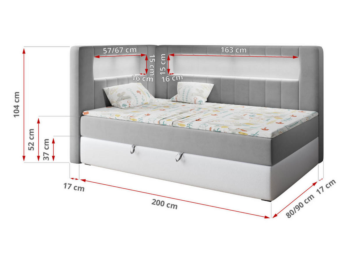 BOXSPRINGBETT JUNIOR GOLD 3 90/200 Grau/Weiß - linke Seite - Weiß/Grau, Holz/Textil (90/200cm) - MKS