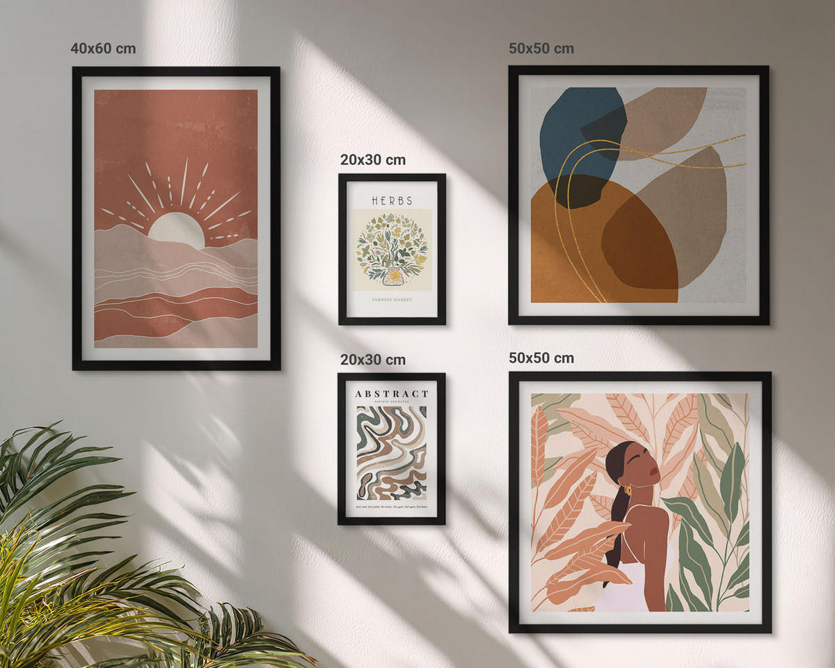 BILDER SET 5er Set - 50x50 cm & 20x30 cm & 40x60 cm Schwarzer Rahmen - Boho-Ästhetik, Pastellposter - Schwarz, Kunststoff (40/60cm) - TULUP