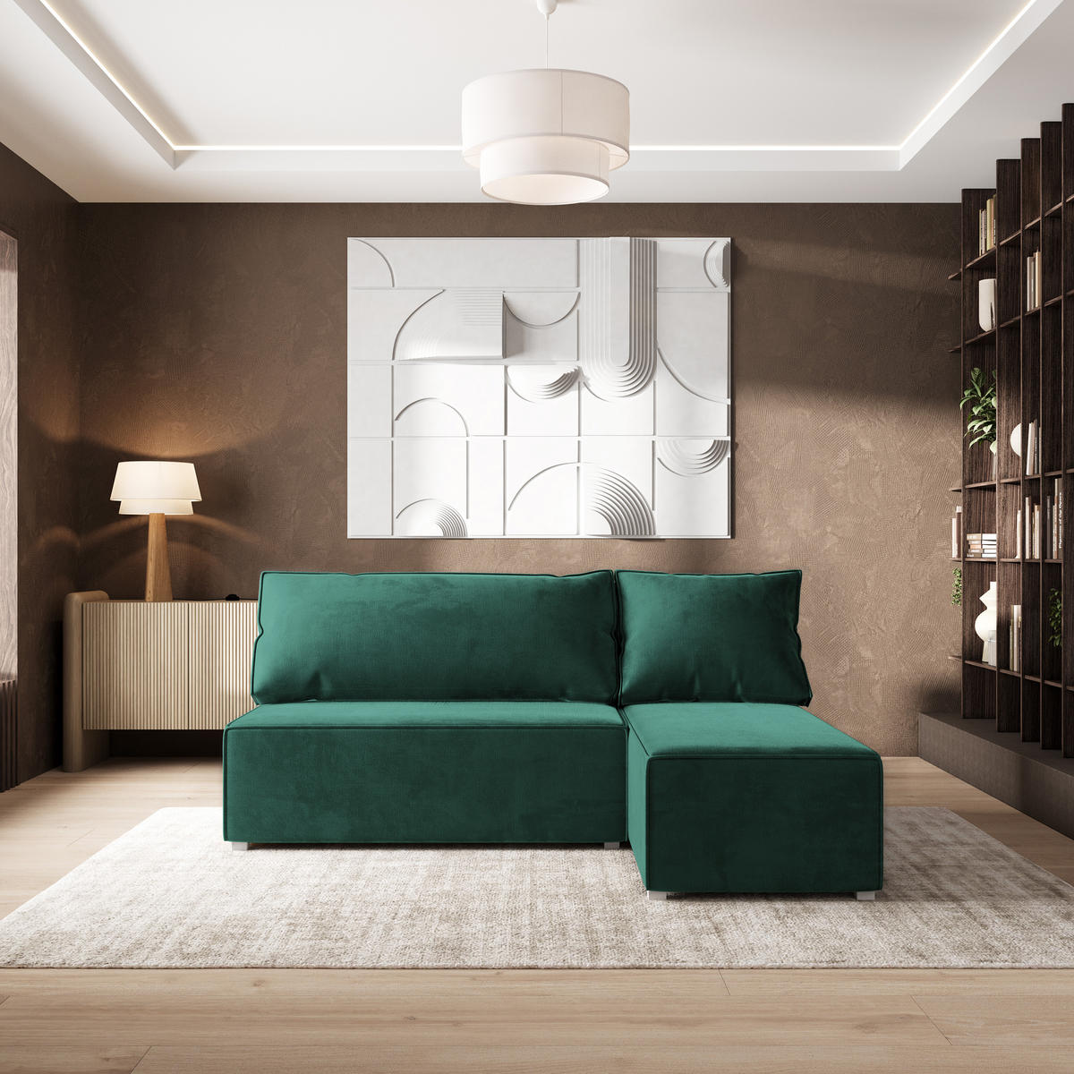 ECKSOFA BRISO M Grün Velours-Stoff mit Schlaffunktion - Grau/Grün, Holz/Kunststoff (200/140cm) - MASSENO