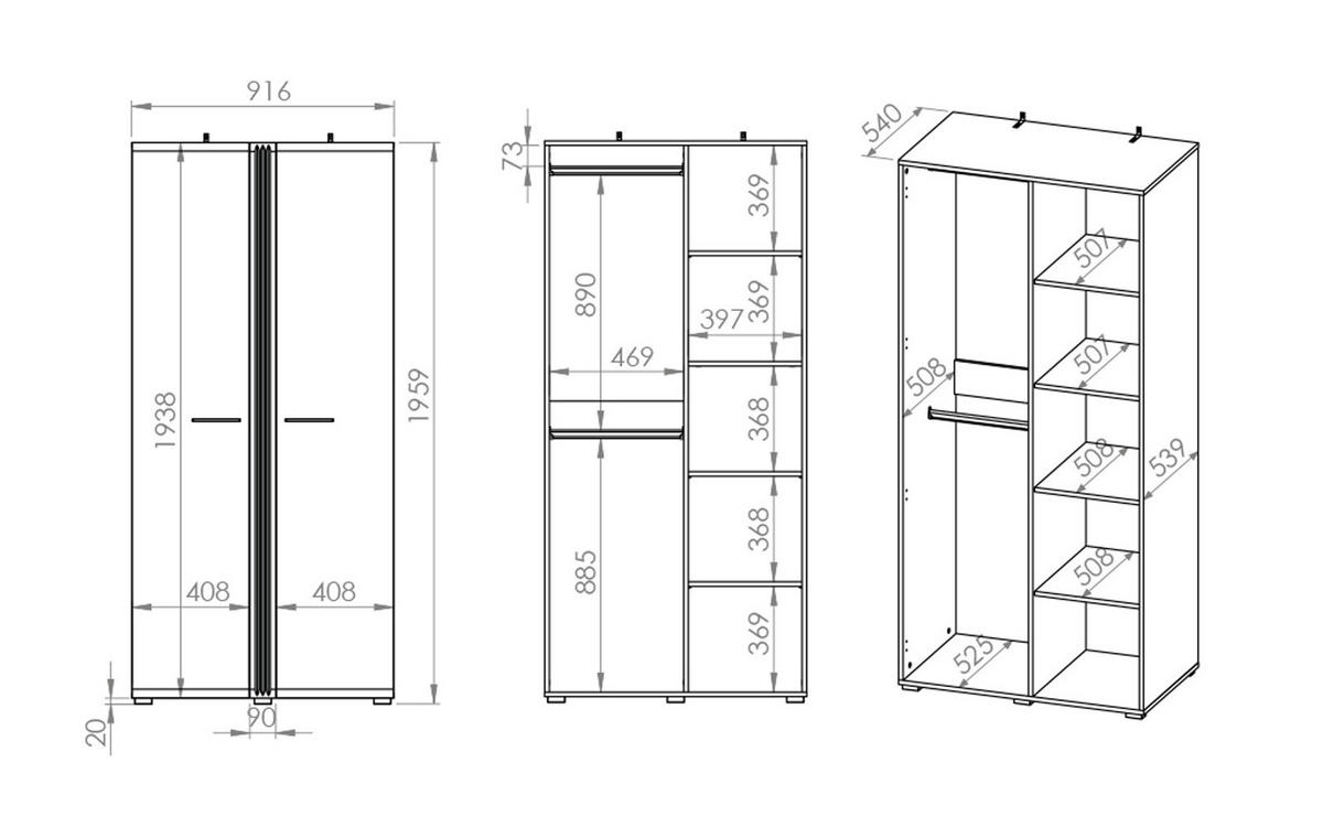 KLEIDERSCHRANK Adagio weiß hochglanz / Eiche castello 92 / 56 / 196cm - Weiß Hochglanz/Weiß, Holz/Holzwerkstoff (92/196/56cm) - Feldmann-Wohnen
