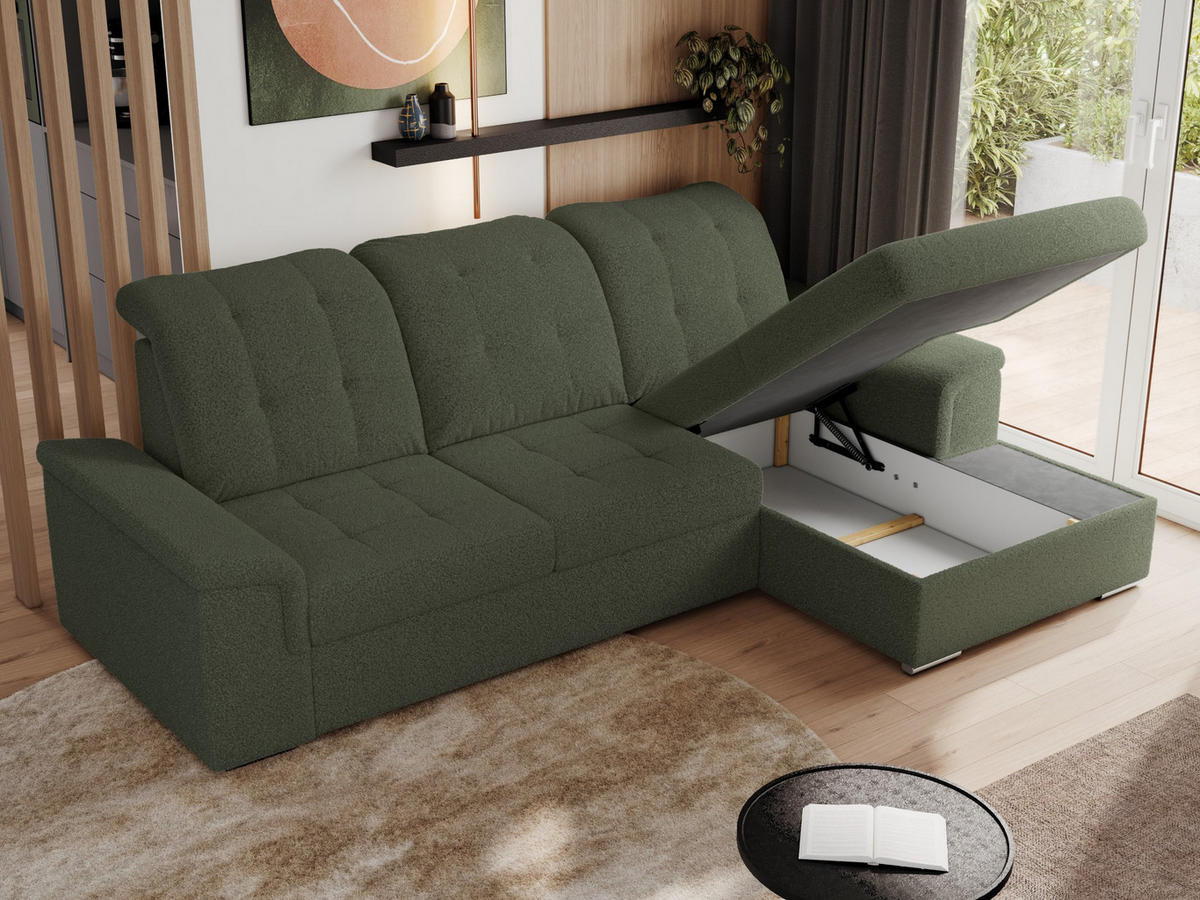 ECKSOFA MADRITO L - Grün Boucle - Rechts - Silberfarben/Grün, Textil/Metall (256/160cm)