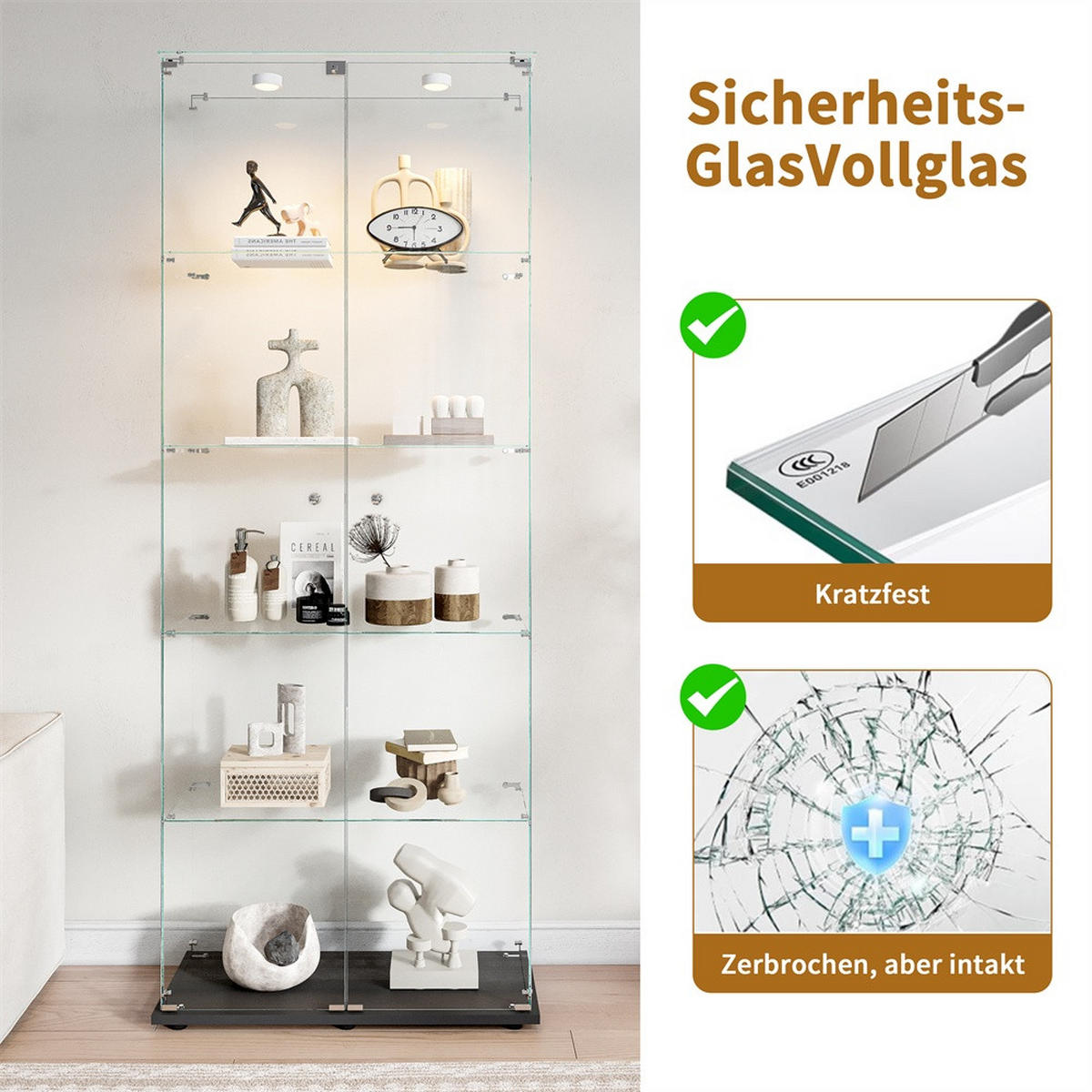VITRINE - Glasvitrine mit 2 Türen und 5 Ebenen - integrierte LED-Beleuchtung - Schwarzer Holzboden - Schwarz, Glas (80.6/183/36.5cm) - DELFA