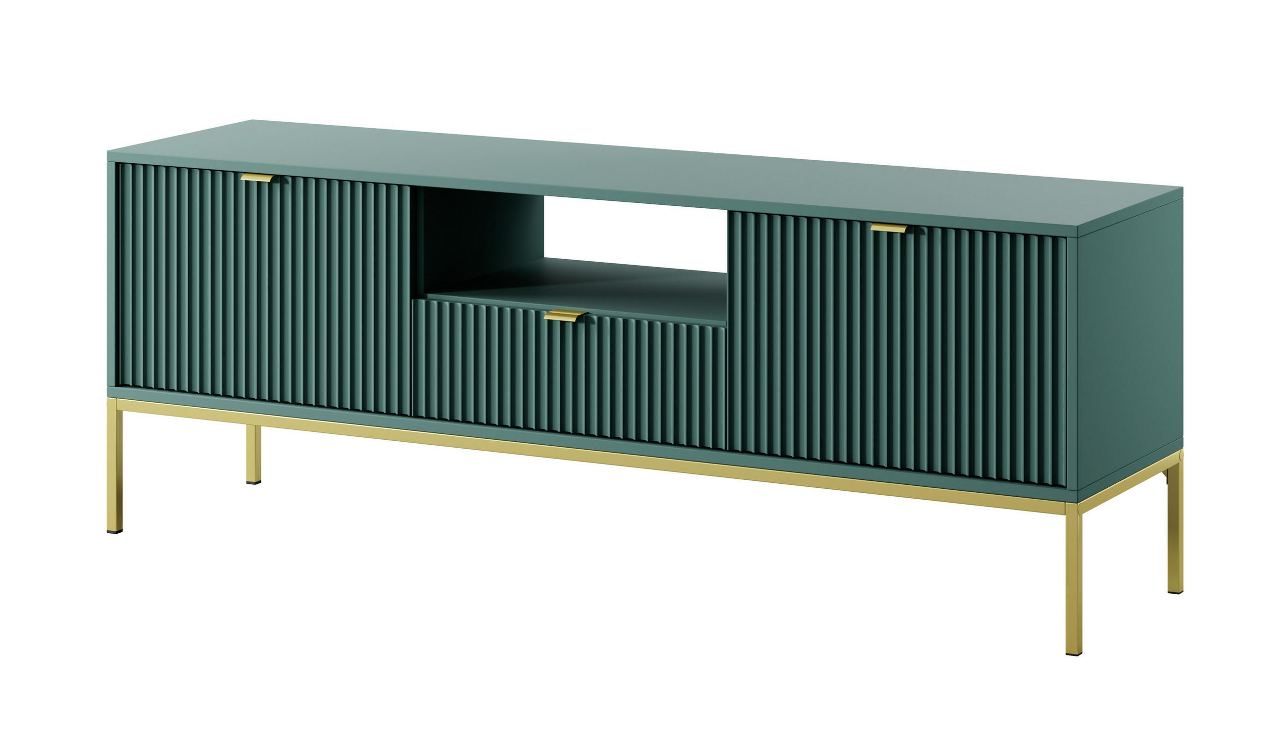 LOWBOARD Eternas 2T 1S Grün 154/56/39 cm – goldene Füße, mit geriffelten Fronten und offener Ablage - Goldfarben/Grün, Holzwerkstoff (154/56/39cm) - AX Living
