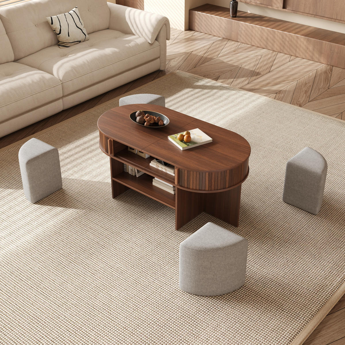 COUCHTISCH Oval Stauraum Rillenoptik mit Hockern Modern - Walnussfarben, Holzwerkstoff (60/120/51.5cm) - FLIEKS