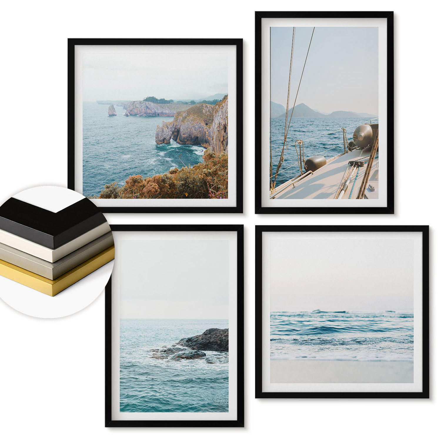 WANDBILDER 4er-Set - 50x50 cm & 40x60 cm Schwarzer Rahmen - Küstenlandschaftsblick - Schwarz, Kunststoff (50/50cm) - ArtPrintCave