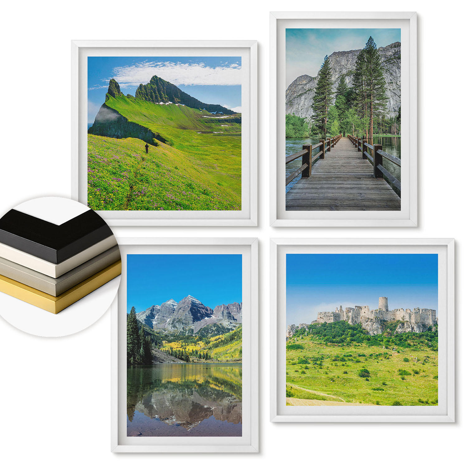 WANDBILDER 4er-Set - 50x50 cm & 40x60 cm Weißer Rahmen - Grüne Hügel mit einer Burg - Weiß, Kunststoff (50/50cm) - ArtPrintCave
