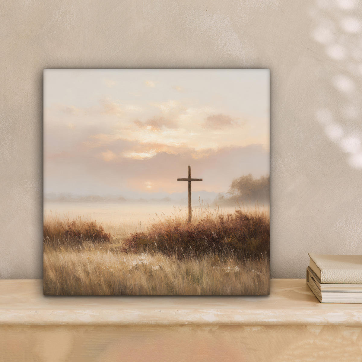 LEINWANDBILD Gras - Morgennebel - Kreuz - Christentum Deko Wohnzimmer 20x20 cm - Beige, Textil (20/20cm) - MuchoWow
