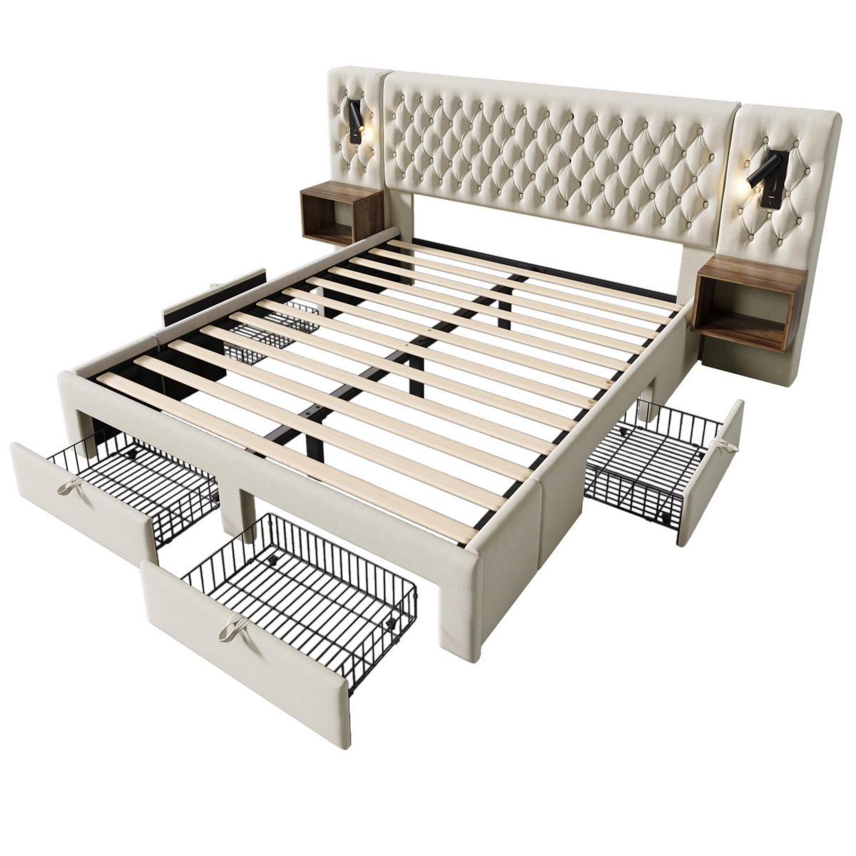 BETTANLAGE mit 2 Nachttischen und 4 Schubladen 160x200 cm Samt Beige - Beige, Metall (160/200cm) - Meubliv
