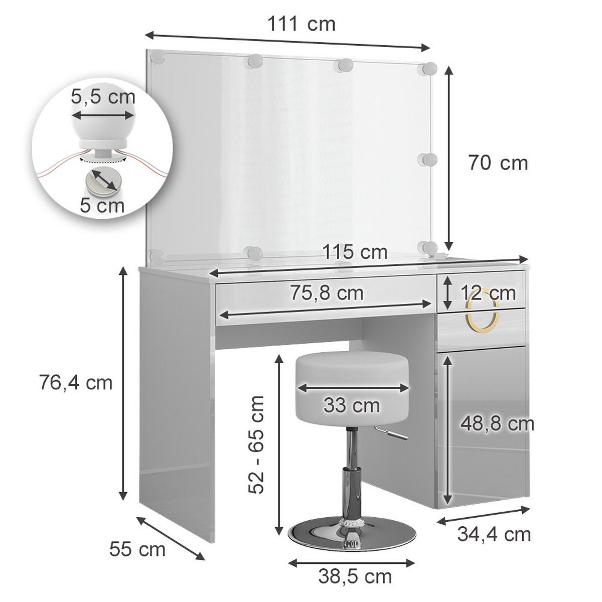 SCHMINKTISCH Adela Weiß 115 cm mit LED Beleuchtung und Hocker - Weiß, Holzwerkstoff (115/76.4/55cm) - Vicco