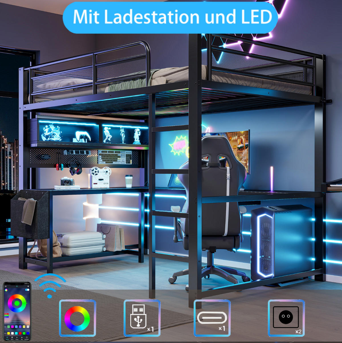 HOCHBETT 140/200 cm Schwarz mit Schreibtisch und LED - Schwarz, Metall (140/200cm) - MIVRAY